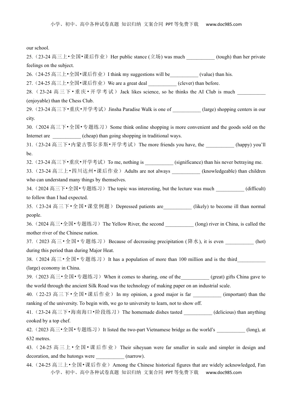高考英语复习  专题24 语法填空之形容词副词比较等级100题（练案）原卷版.docx