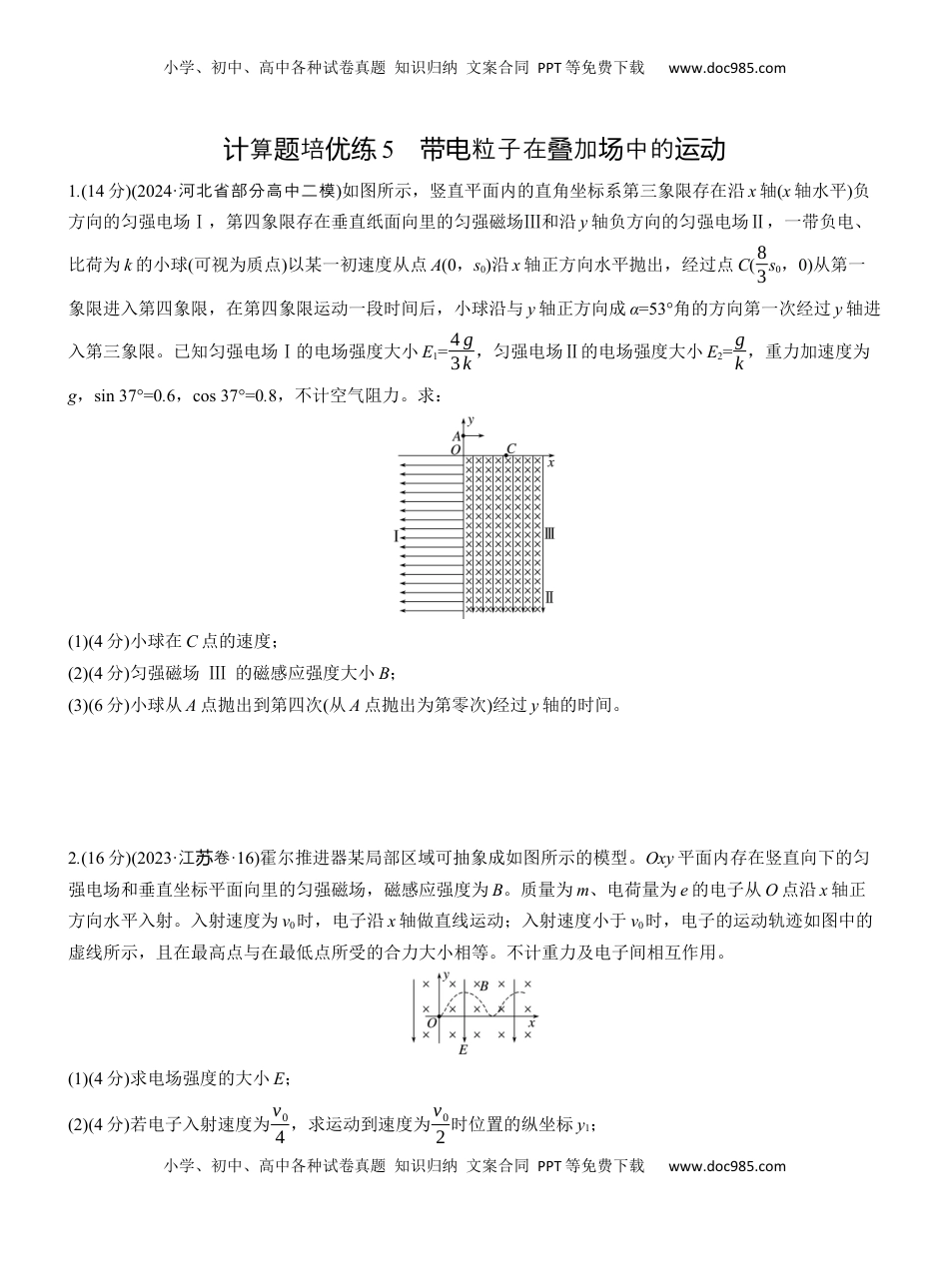 高考物理复习  第一篇　专题三　计算题培优练5　带电粒子在叠加场中的运动 .docx