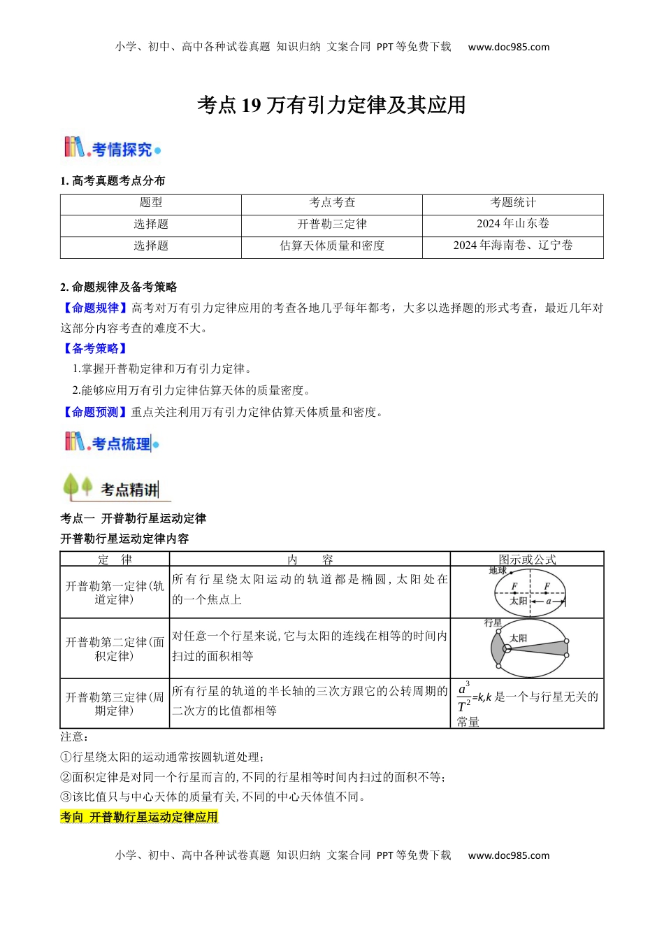 高考物理复习  考点19 万有引力定律及其应用 （核心考点精讲精练）（原卷版）.docx