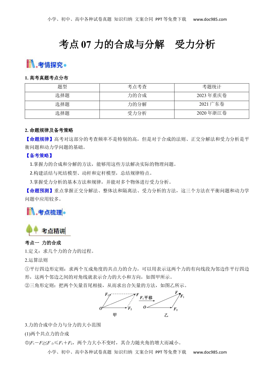 高考物理复习  考点07 力的合成与分解 受力分析（核心考点精讲精练）（原卷版）.docx