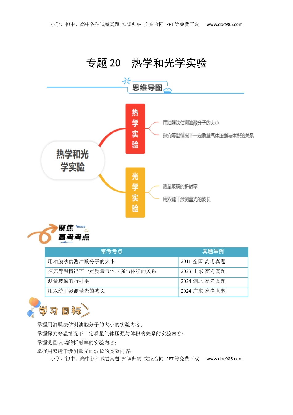 高考物理复习  专题20  光学、热学实验（原卷版）.docx