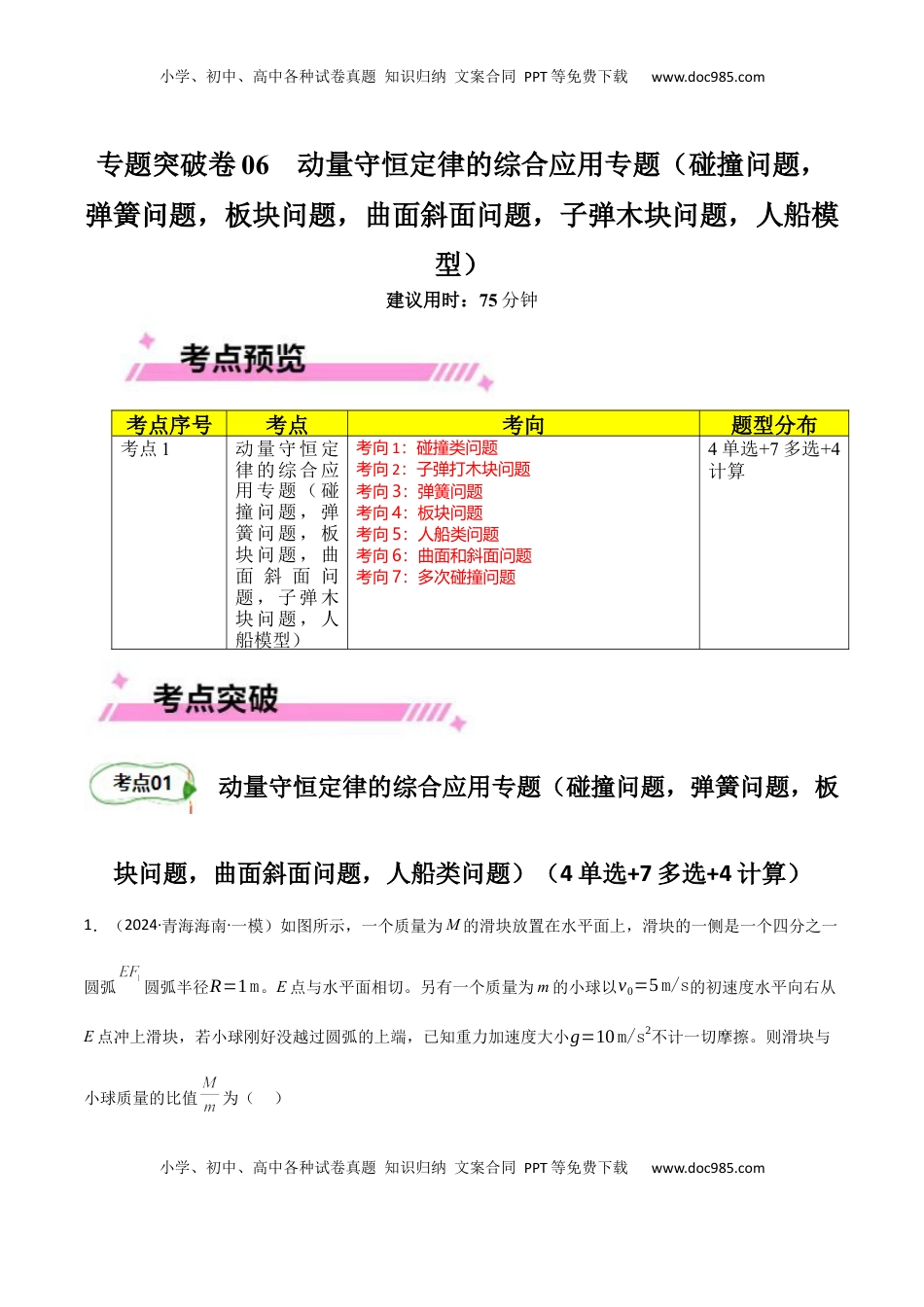 高考物理复习  专题突破卷06 动量守恒定律的综合应用专题（碰撞问题，弹簧问题，板块问题，曲面斜面问题，子弹木块问题，人船模型）（解析版）.docx