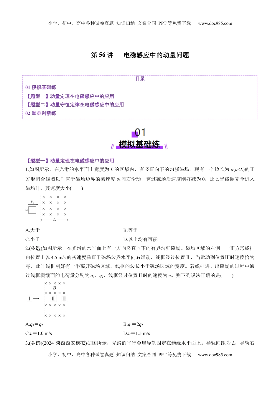 高考物理复习  第56讲   电磁感应中的动量问题（练习）（原卷版）.docx