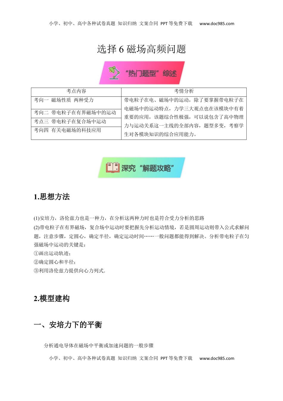 高考物理复习  选择6 磁场高频问题（原卷版）.docx