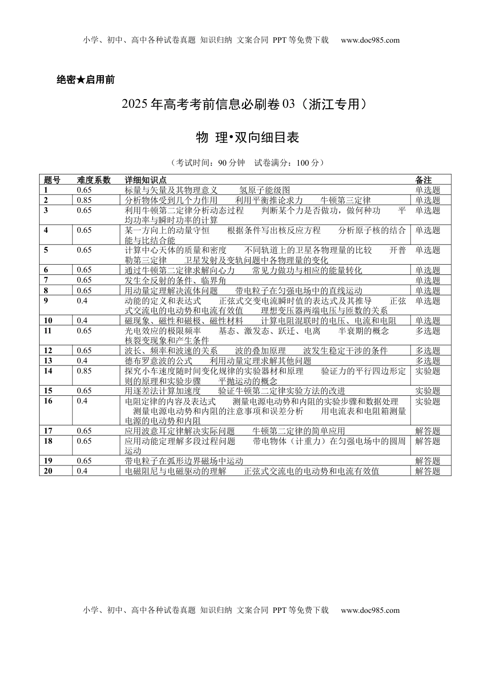 高考物理复习  信息必刷卷03（浙江专用）（双向细目表）.docx