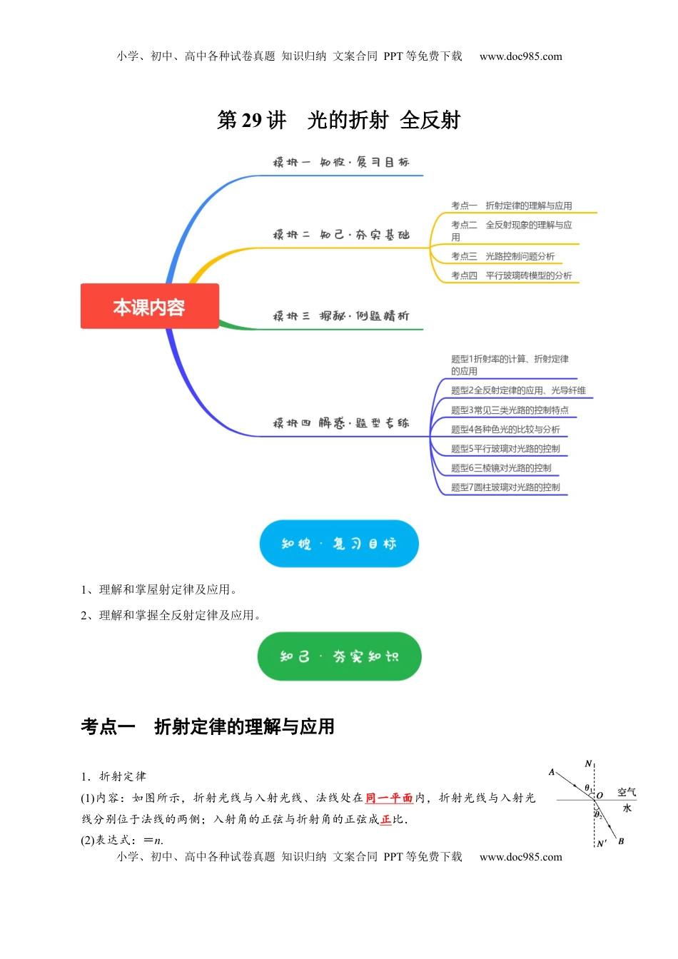 高考物理复习  第29讲　光的折射 全反射（解析版）.docx
