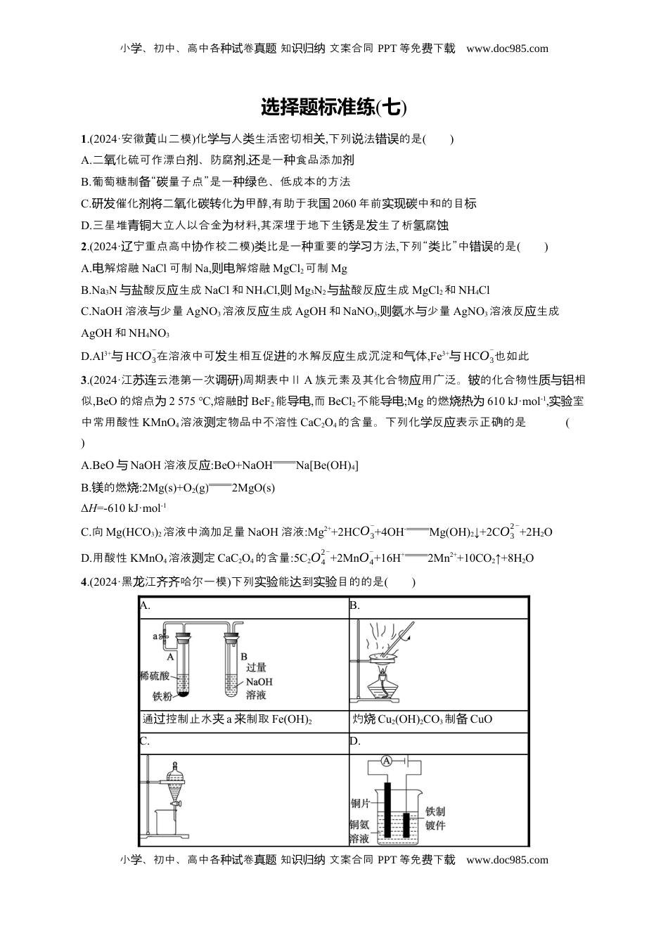 高考化学复习  备战2025年高考二轮复习 化学（通用版）选择题标准练7 Word版含解析.docx