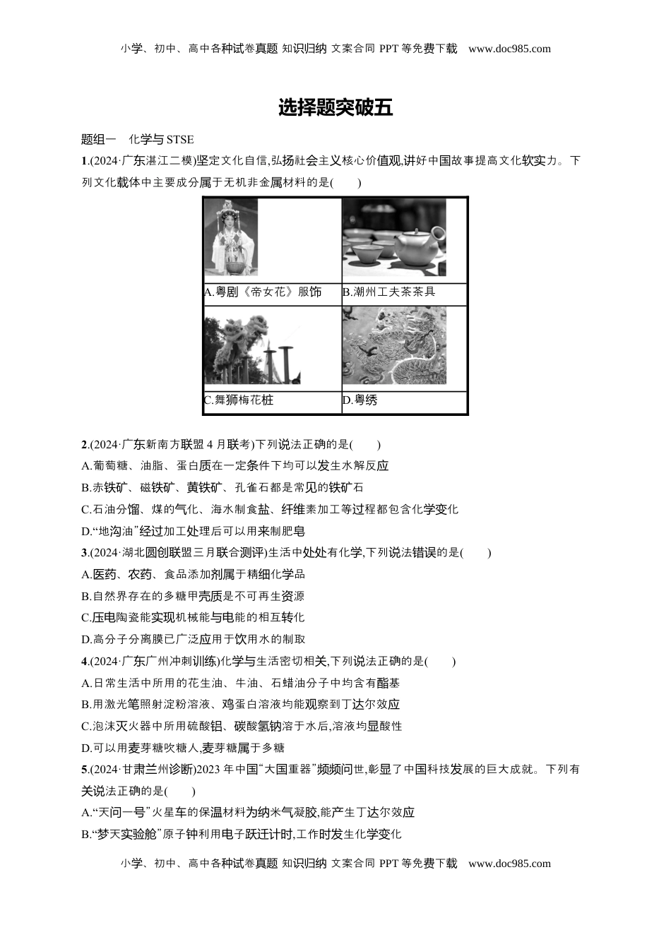 高考化学复习  备战2025年高考二轮复习 化学（通用版）大单元 选择题突破5 Word版含解析.docx