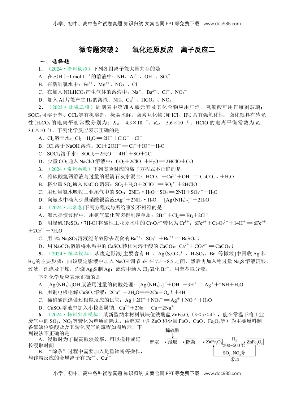 高考化学复习  微专题突破02 氧化还原反应 离子反应（作业02）（学生版）.docx