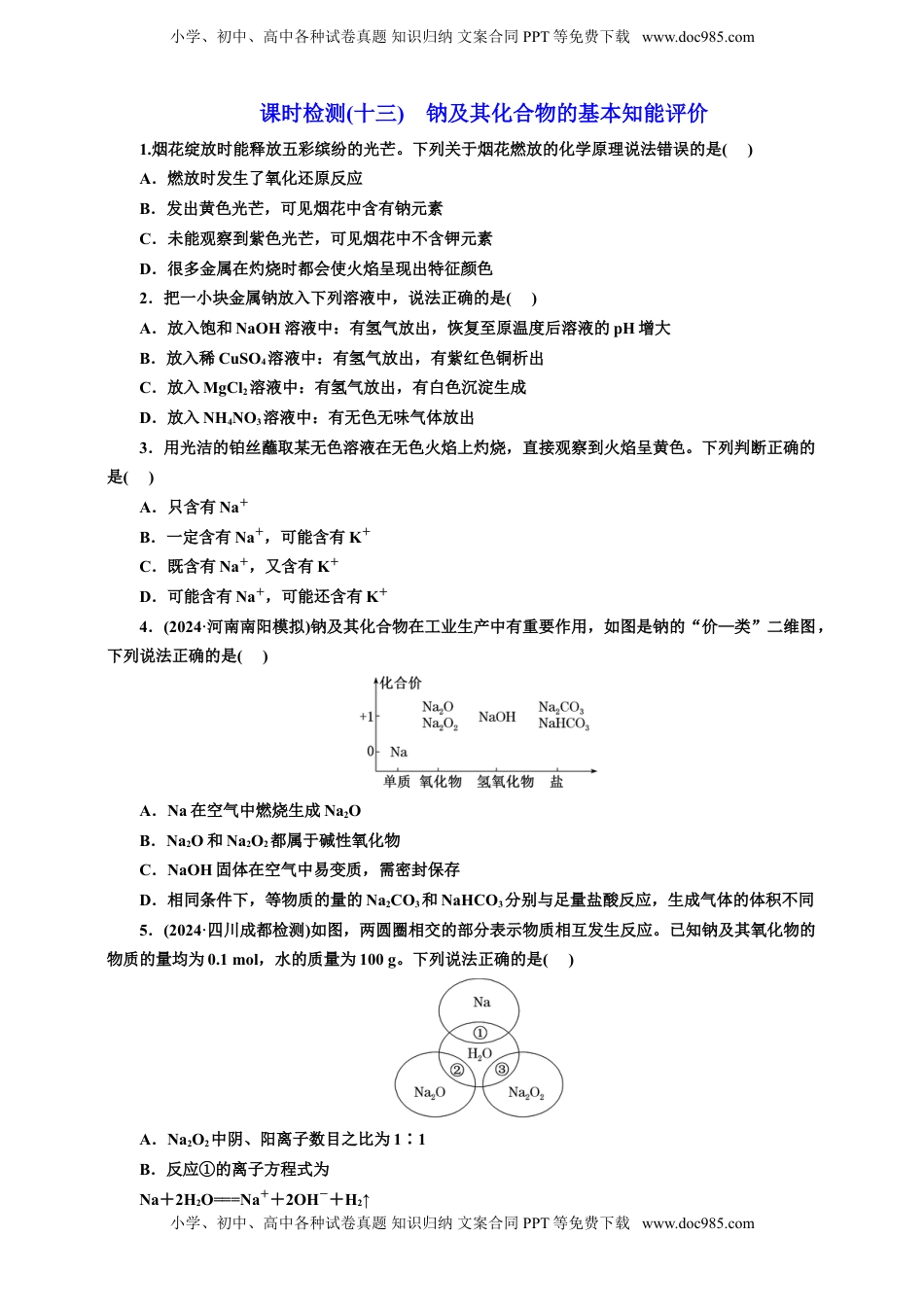 高考化学复习  2025年高考复习化学课时检测十三：钠及其化合物的基本知能评价（含解析）.doc