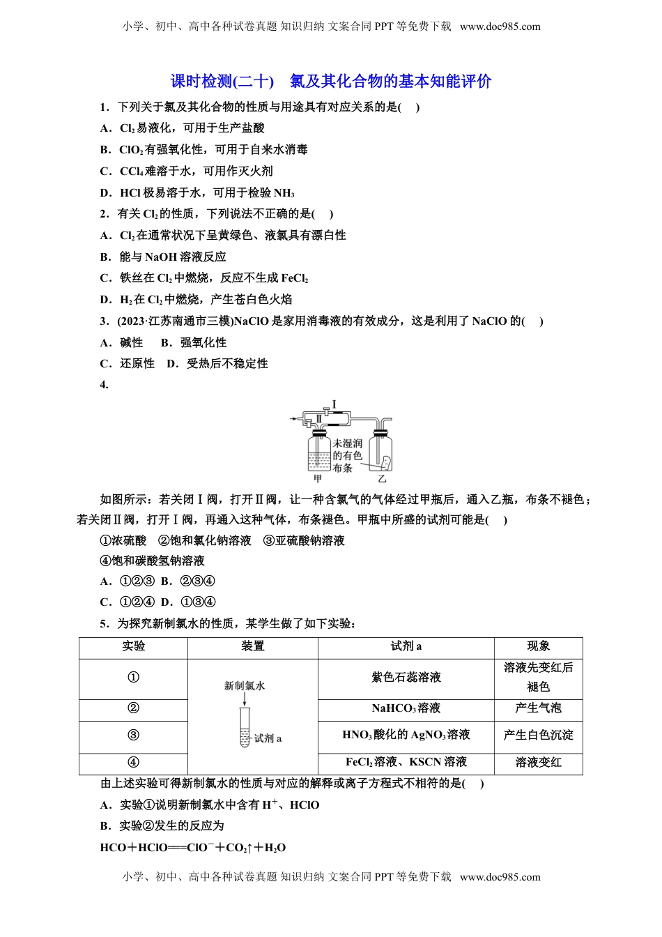 高考化学复习  2025年高考复习化学课时检测二十：氯及其化合物的基本知能评价（含解析）.doc