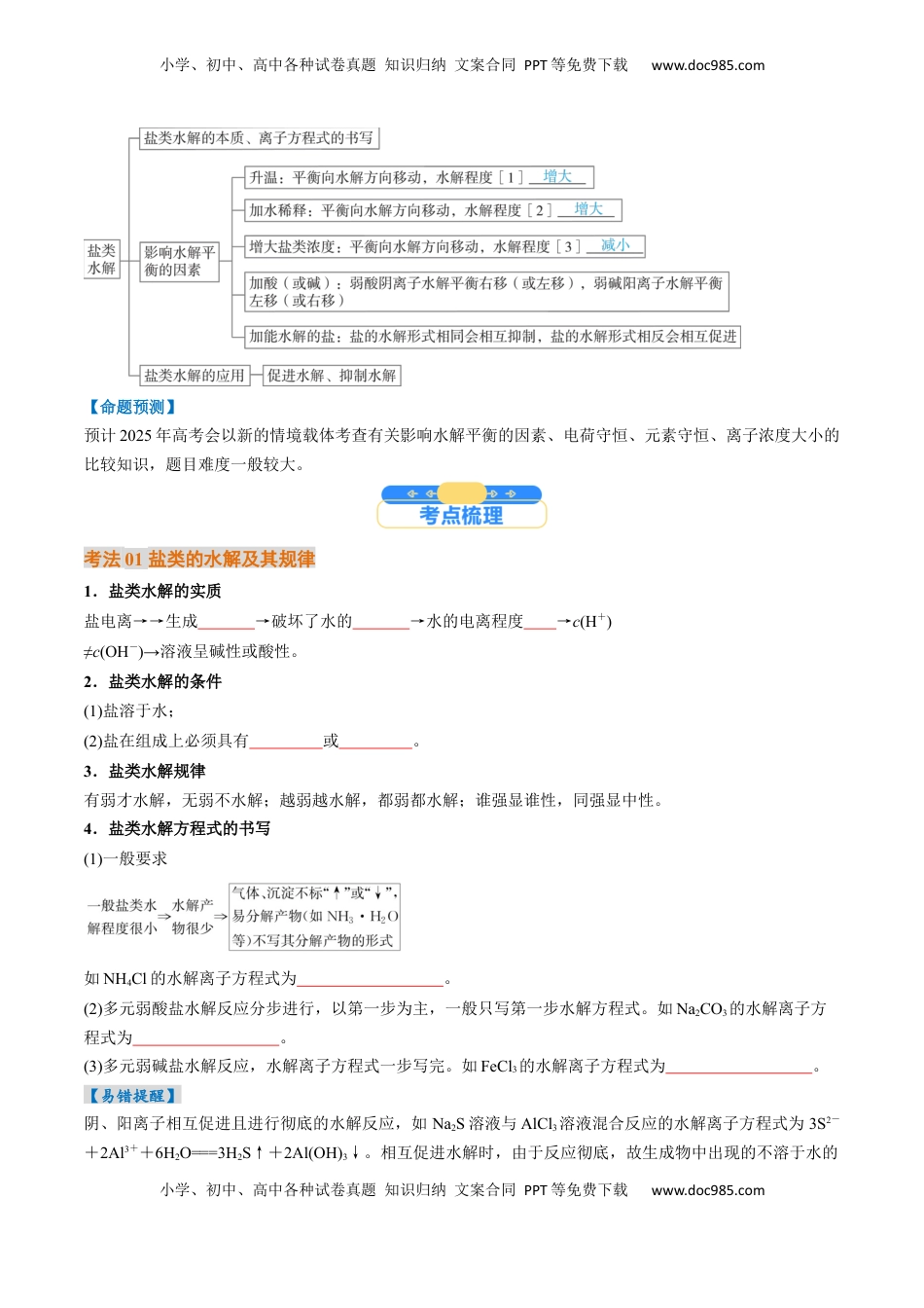 高考化学复习  考点31  盐类的水解（核心考点精讲精练）-备战2025年高考化学一轮复习考点帮（新高考通用）（原卷版）.docx