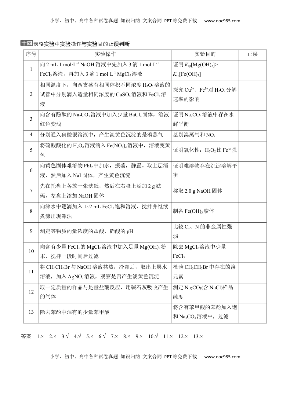 高考化学复习  十四　表格实验中实验操作与实验目的正误判断【淘宝店：红太阳资料库】 (1).docx