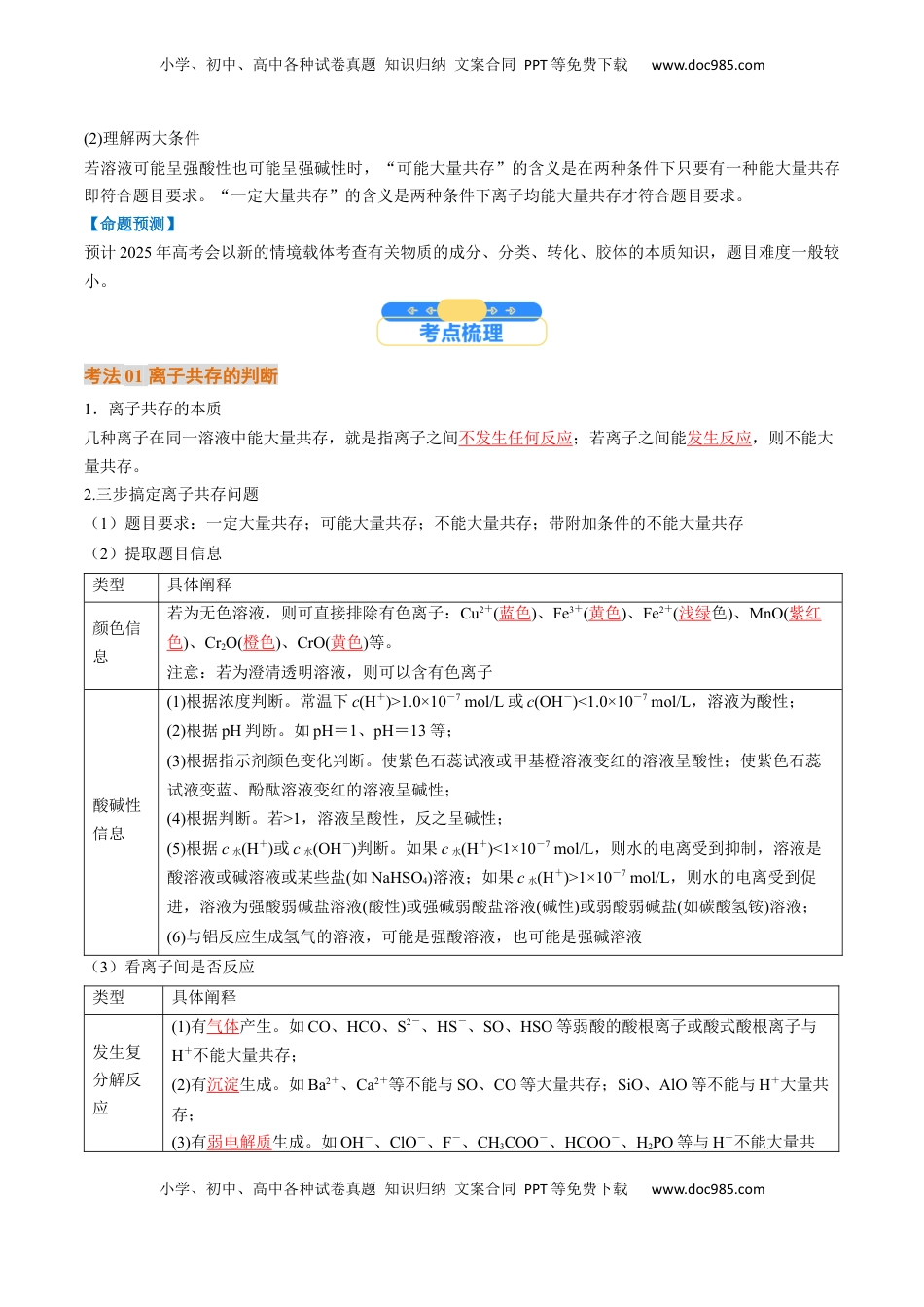 高考化学复习  考点03  离子共存  离子检验与推断（核心考点精讲精练）-备战2025年高考化学一轮复习考点帮（新高考通用）（解析版）.docx