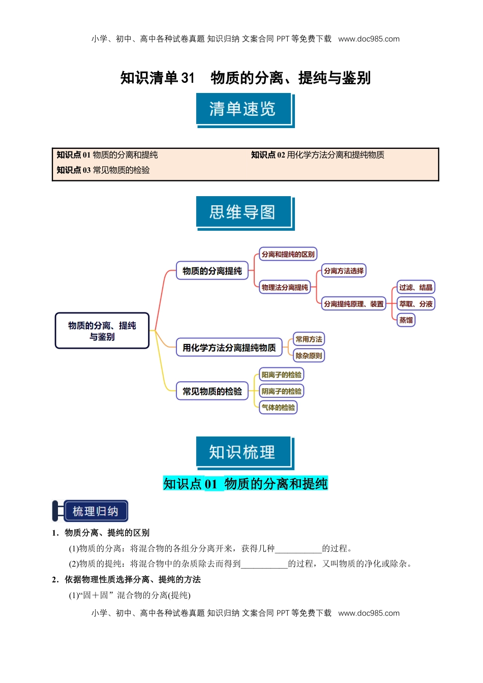 高考化学复习  知识清单31 物质的分离、提纯与鉴别-【上好课】2025年高考化学一轮复习知识清单（新高考专用）（原卷版）.docx