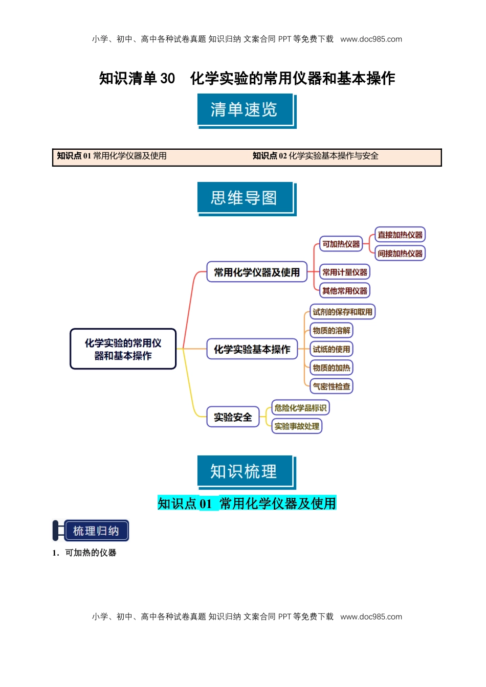 高考化学复习  知识清单30 化学实验的常用仪器和基本操作-【上好课】2025年高考化学一轮复习知识清单（新高考专用）（解析版）.docx