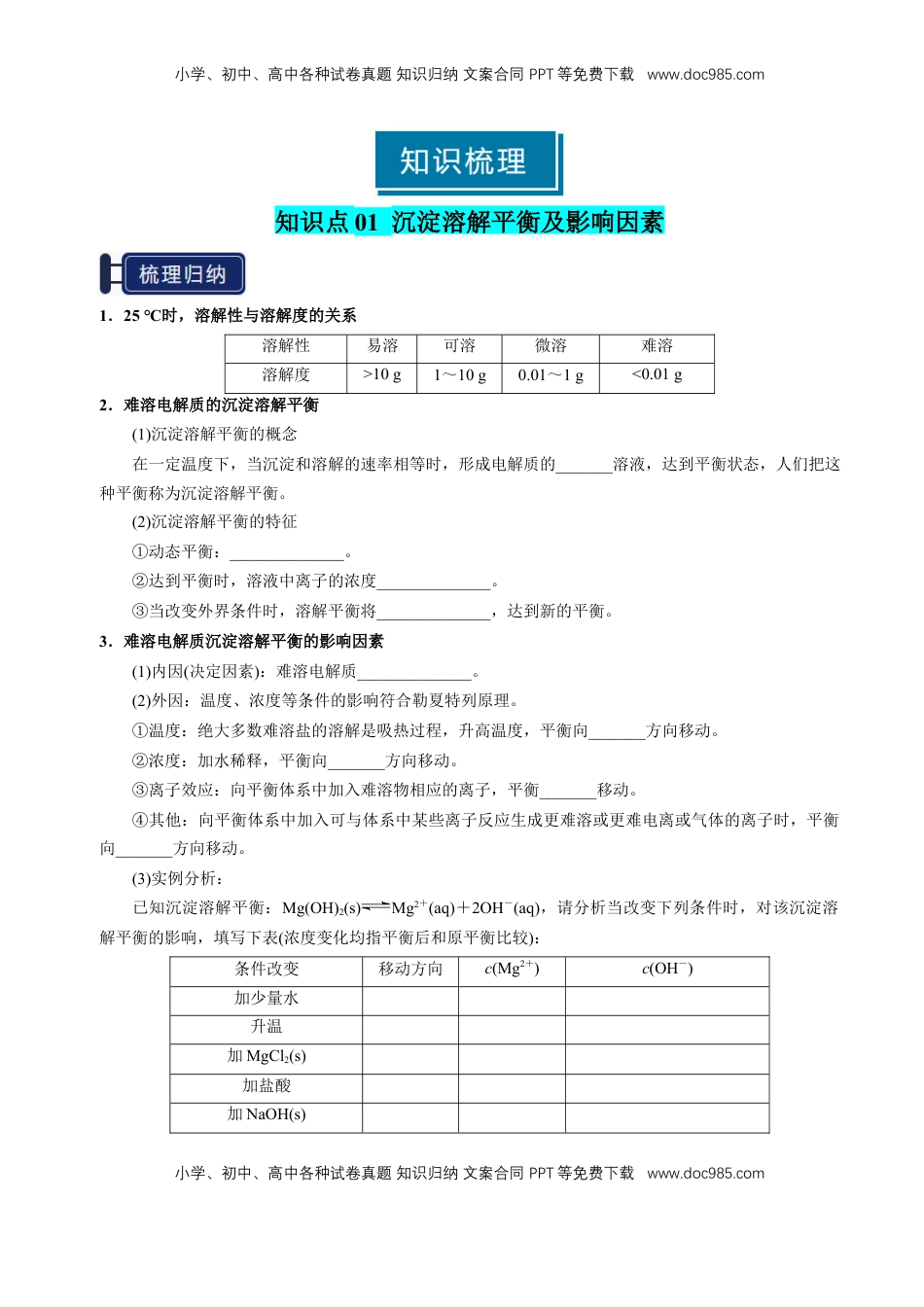 高考化学复习  知识清单24 沉淀溶解平衡-【上好课】2025年高考化学一轮复习知识清单（新高考专用）（原卷版）.docx