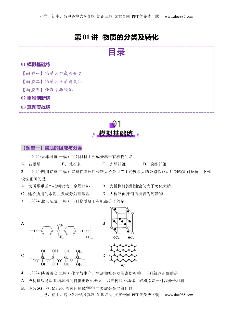 高考化学复习  第01讲 物质的分类及转化（练习）（原卷版） .docx
