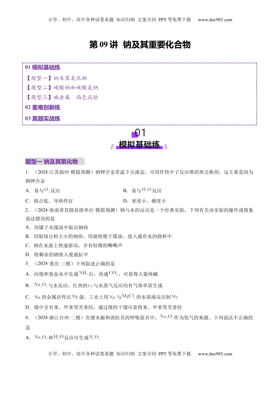 高考化学复习  第01讲 钠及其重要化合物（练习）（原卷版）.docx