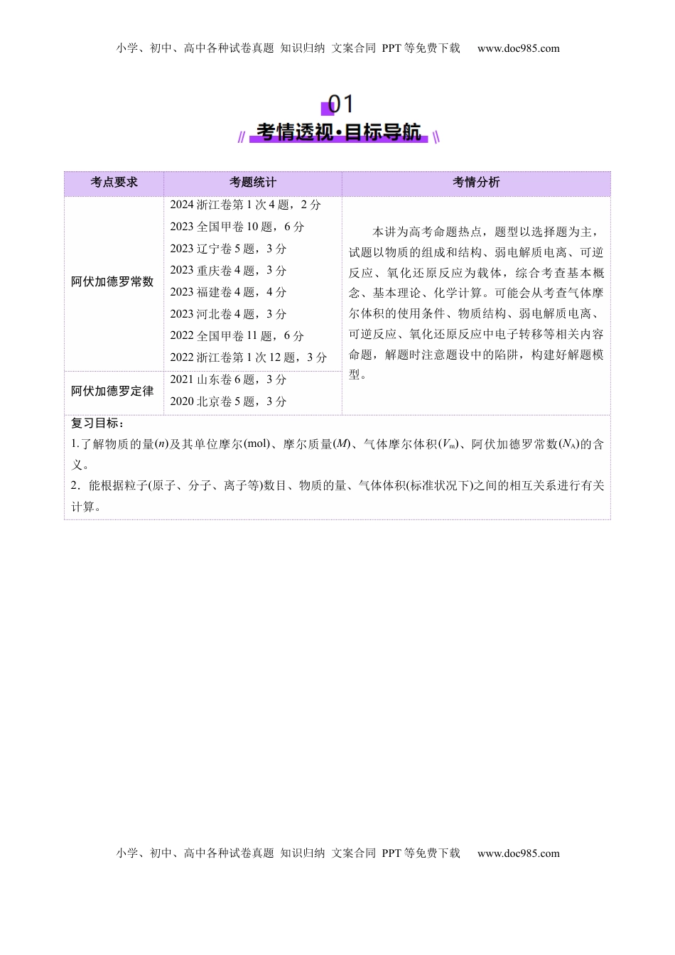 高考化学复习  第01讲 物质的量  气体摩尔体积（讲义）（原卷版）.docx