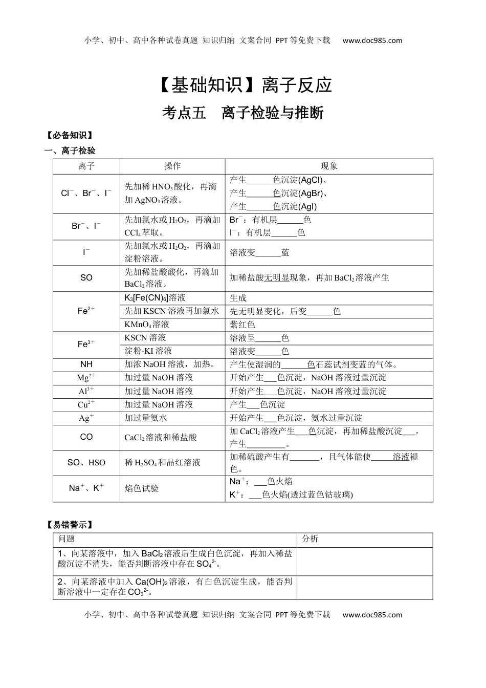 高考化学复习  考点五 离子检验与推断（学生版）.docx