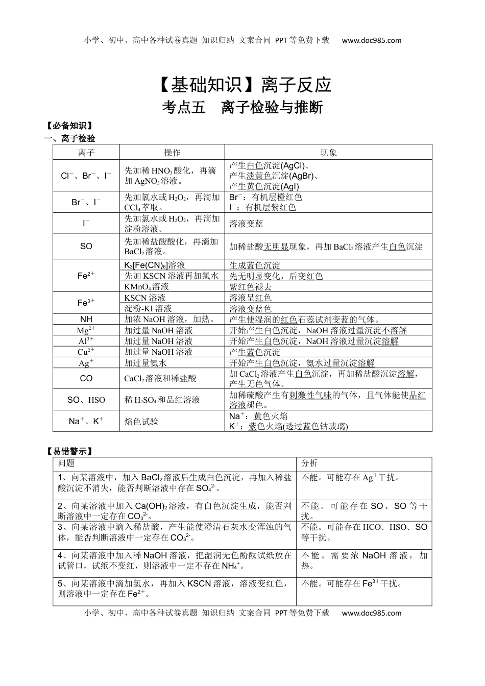 高考化学复习  考点五 离子检验与推断（解析版）.docx