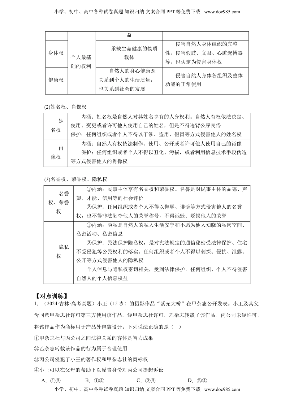 高考政治复习  第一课 在生活中学民法用民法 学案（解析版）【抢分秘籍】2025年高考政治一轮复习精讲精练.doc