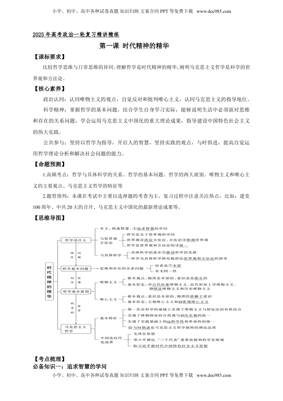 高考政治复习  第一课 时代精神的精华 学案（原卷版）【抢分秘籍】2025年高考政治一轮复习精讲精练.doc