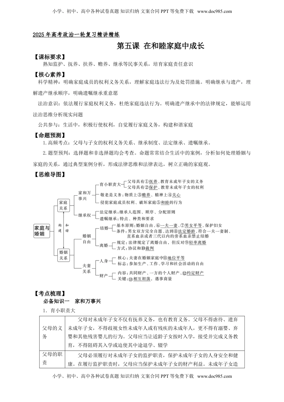 高考政治复习  第五课 在和睦家庭中成长 学案（解析版）【抢分秘籍】2025年高考政治一轮复习精讲精练.doc