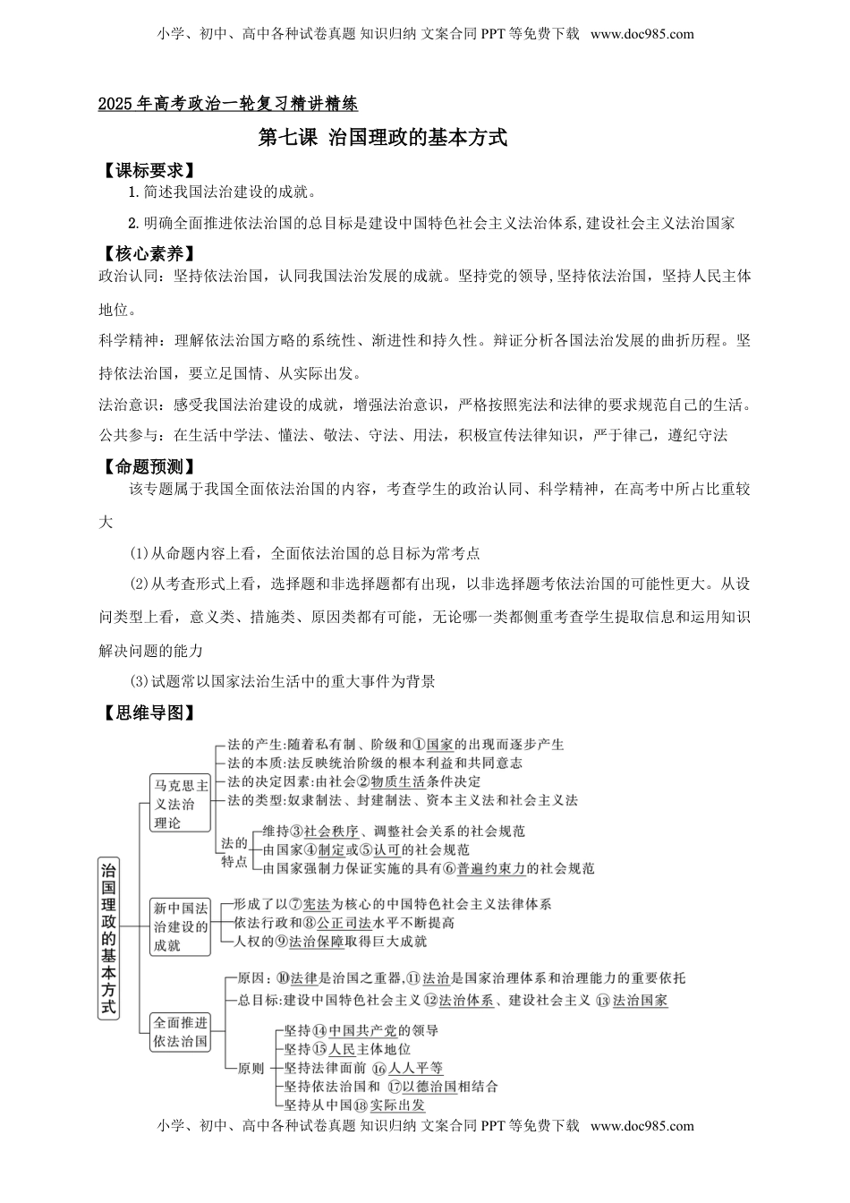 高考政治复习  第七课 治国理政的基本方式 学案（原卷版）【抢分秘籍】2025年高考政治一轮复习精讲精练.doc