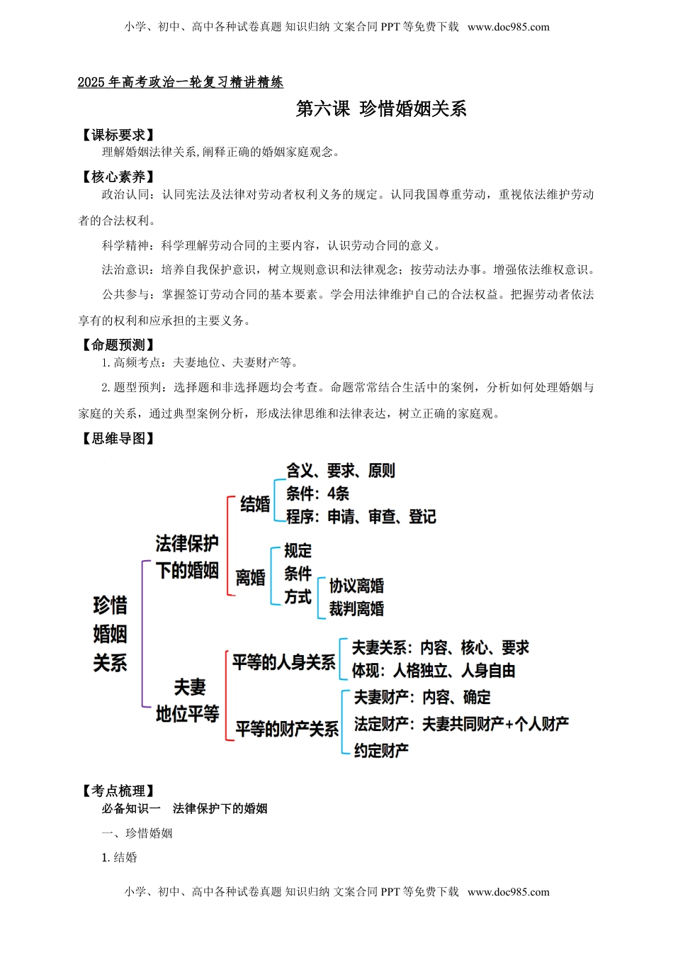 高考政治复习  第六课 珍惜婚姻关系  学案（解析版）【抢分秘籍】2025年高考政治一轮复习精讲精练.doc