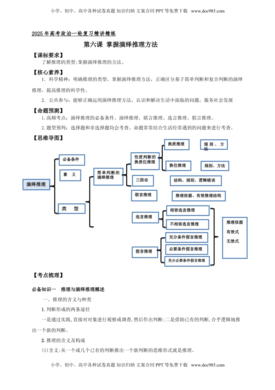 高考政治复习  第六课 掌握演绎推理方法 学案（原卷版）【抢分秘籍】2025年高考政治一轮复习精讲精练.doc
