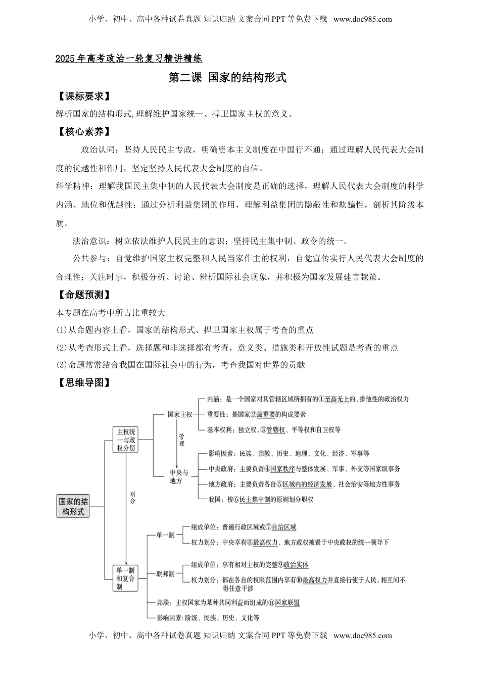 高考政治复习  第二课 国家的结构形式 学案（解析版）【抢分秘籍】2025年高考政治一轮复习精讲精练.doc