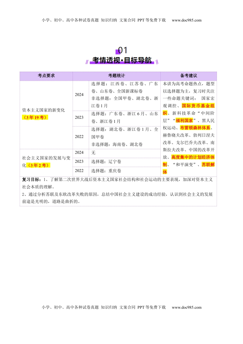 高考历史复习  第32讲 资本主义国家的新变化和社会主义国家的发展与变化（讲义）（原卷版）.docx