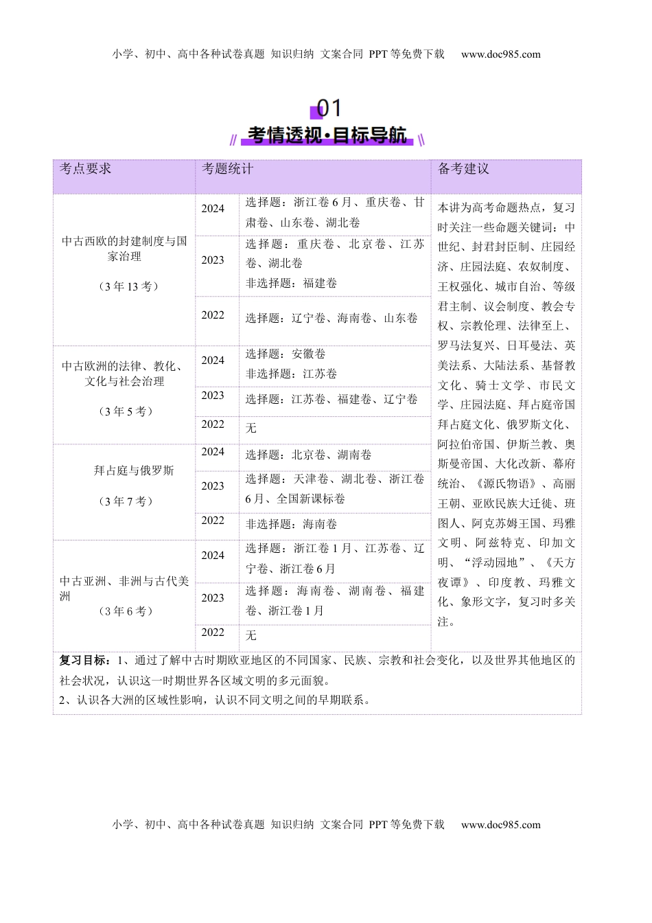 高考历史复习  第22讲 中古时期的世界（讲义）（原卷版）.docx