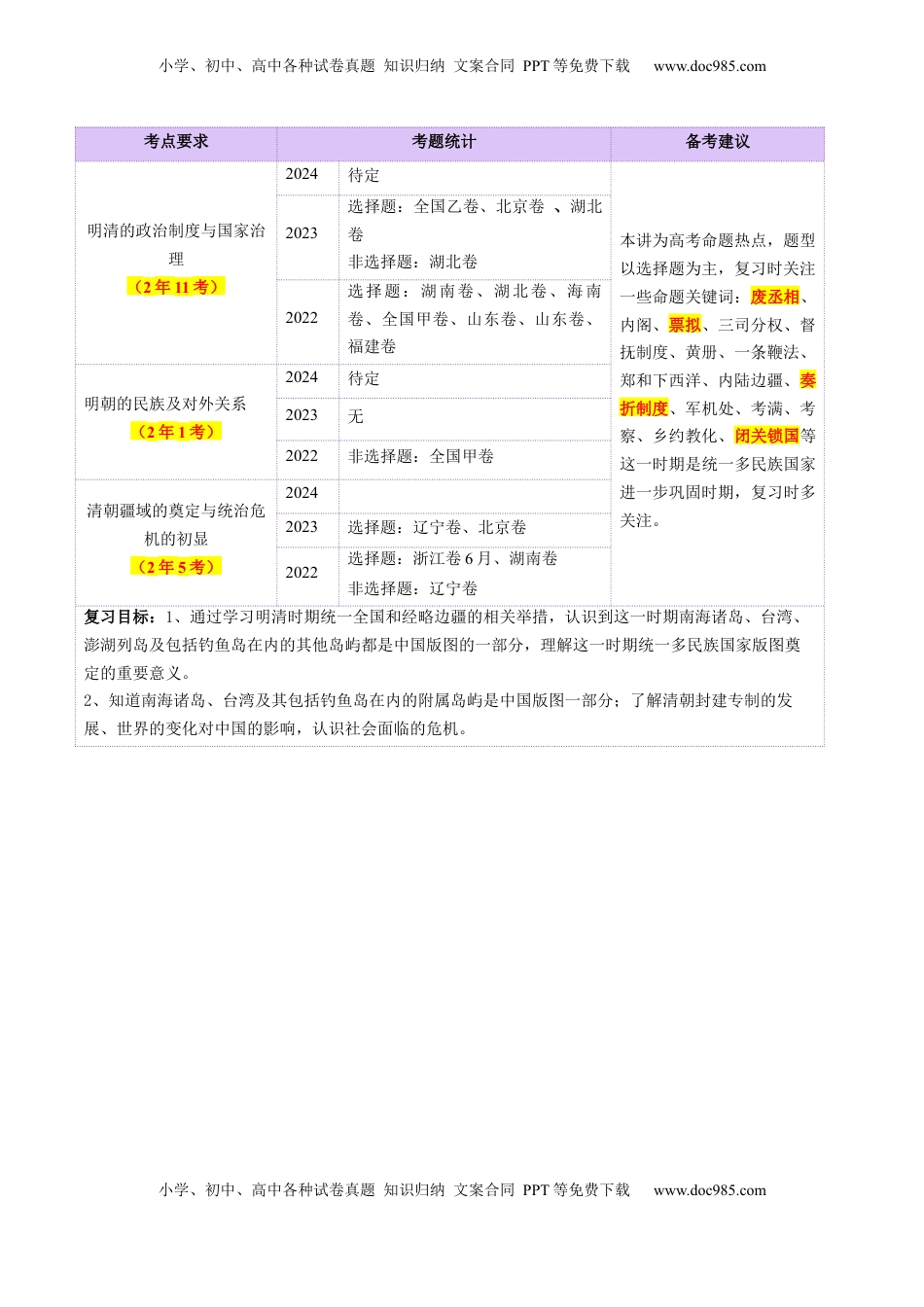 高考历史复习  第08讲 从明朝建立到清军入关和清朝前中期的鼎盛与危机（讲义）（原卷版） (1).docx