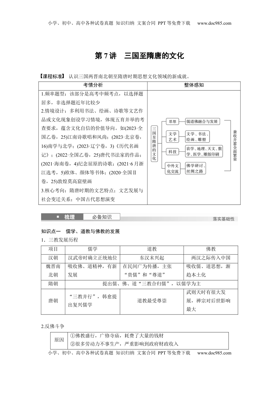 高考历史复习  板块一　第三单元　第7讲　三国至隋唐的文化.docx
