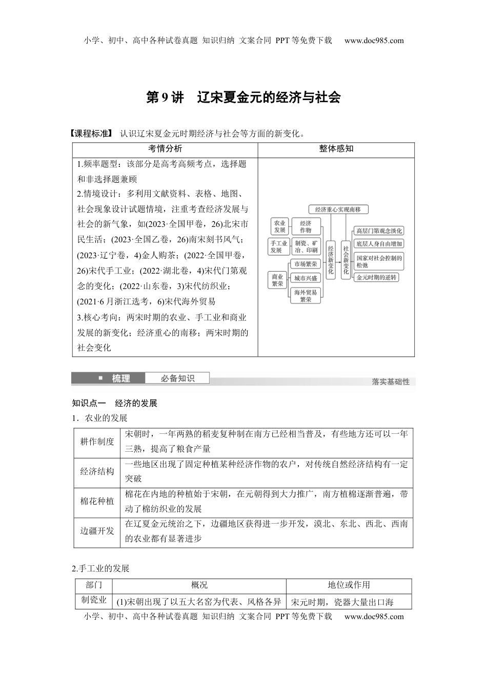 高考历史复习  板块一　第四单元　第9讲　辽宋夏金元的经济与社会 (1).docx
