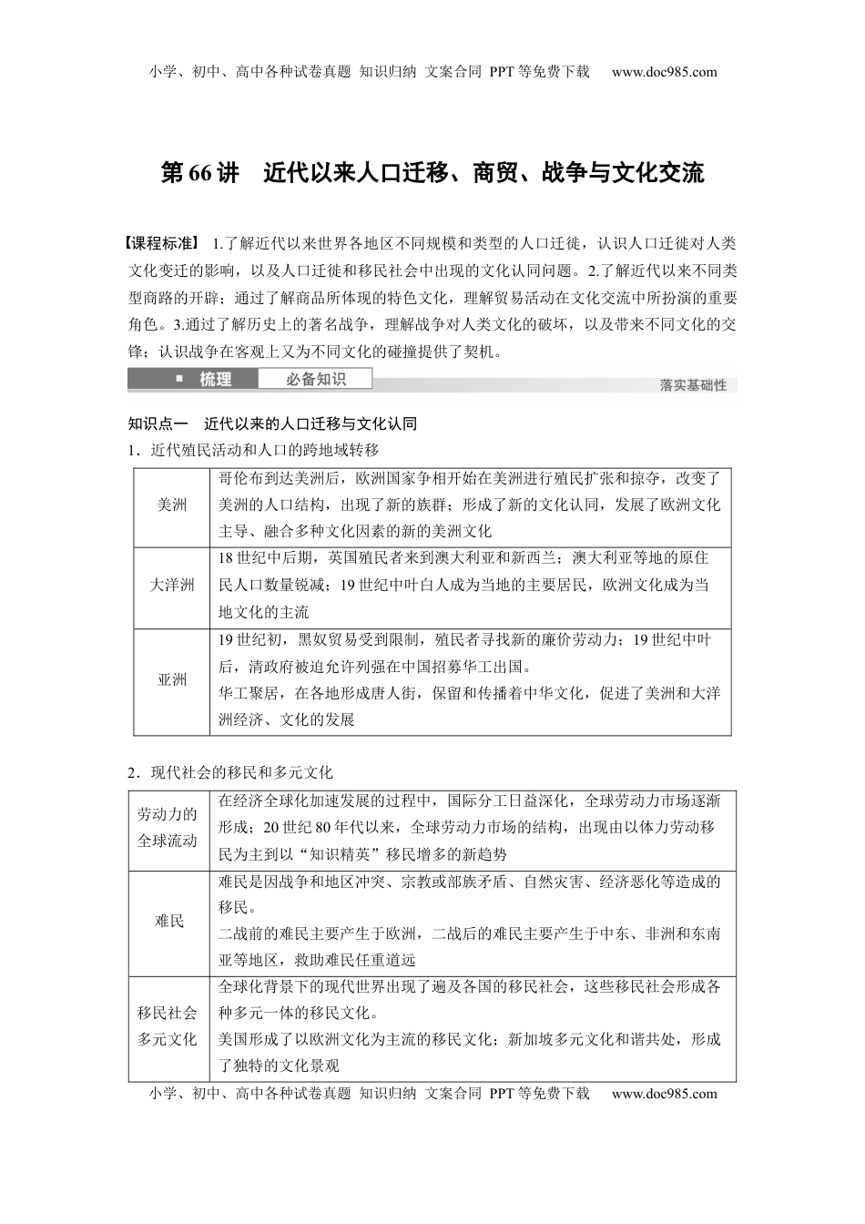 高考历史复习  板块四　第十九单元　第66讲　近代以来人口迁移、商贸、战争与文化交流 (1).docx