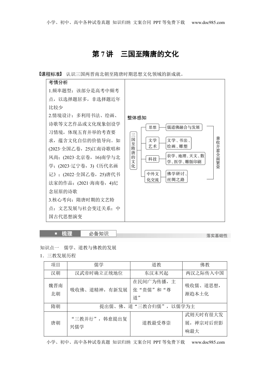 高考历史复习  板块一　第三单元　第7讲　三国至隋唐的文化 (3).docx