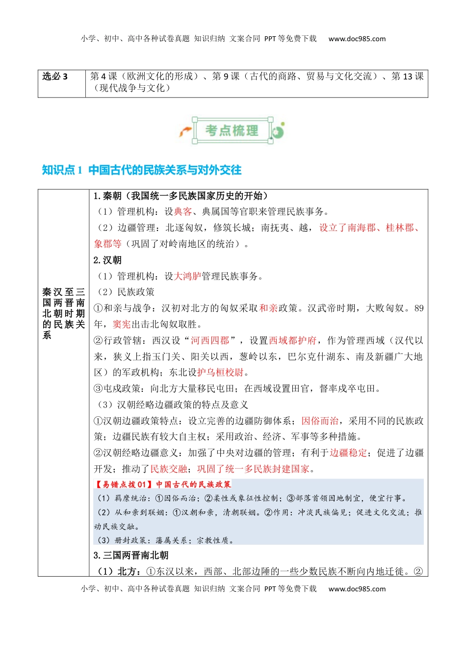 高考历史复习  专题14++民族关系国家关系+-2025年高考历史一轮复习知识清单.docx