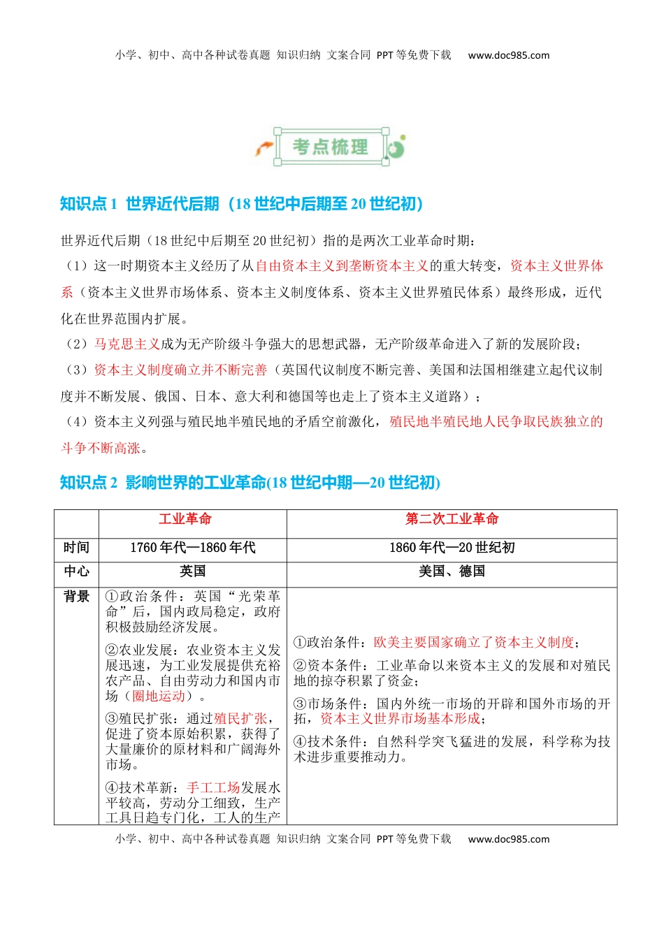 高考历史复习  专题09++工业革命时期：近代后期的西方世界+-2025年高考历史一轮复习知识清单.docx