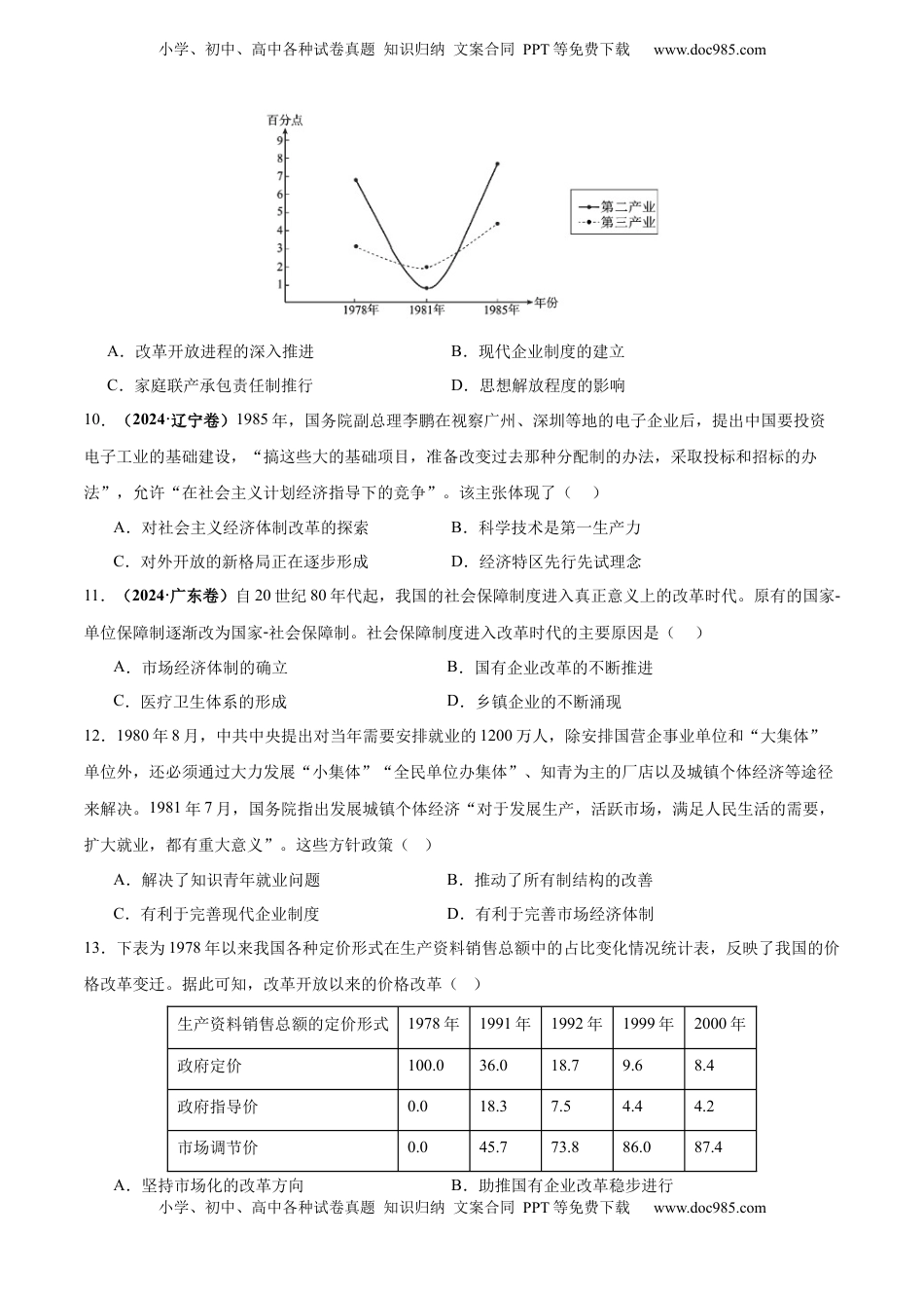 高考历史复习  考点巩固卷10  改革开放和社会主义现代化建设新时期（原卷版） .docx