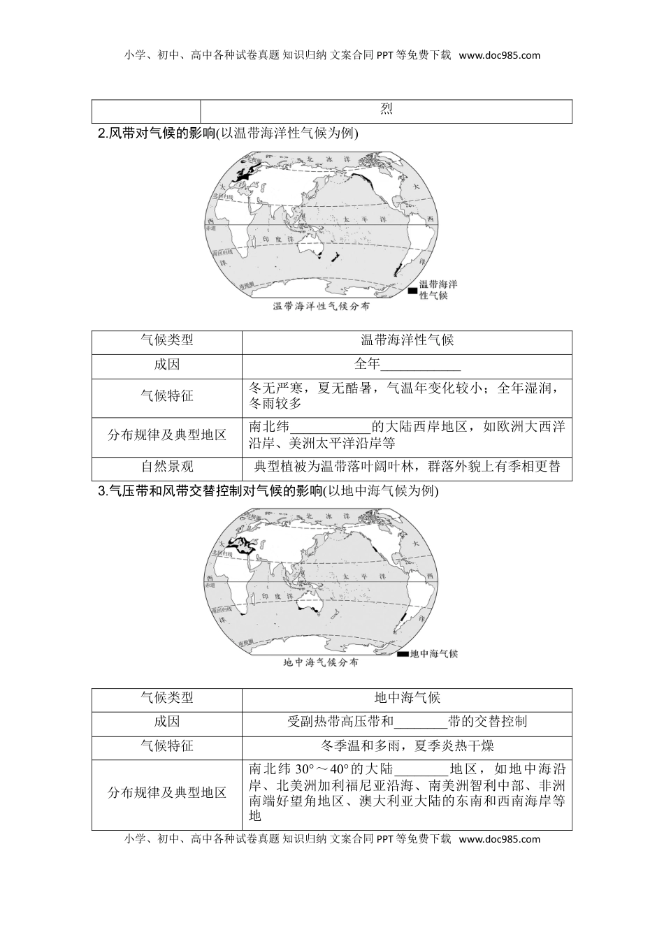高考地理复习  2025届高中地理一轮复习讲义：第一部分自然地理第五单元大气的运动第20课时　气压带和风带对气候的影响（学生版）.doc