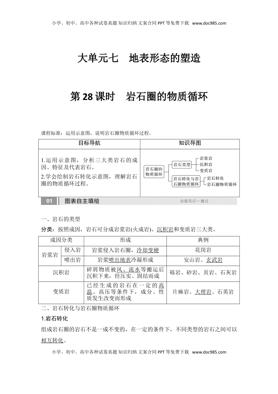 高考地理复习  2025届高中地理一轮复习讲义：第一部分自然地理第七单元地表形态的塑造第28课时　岩石圈的物质循环（教师版）.doc