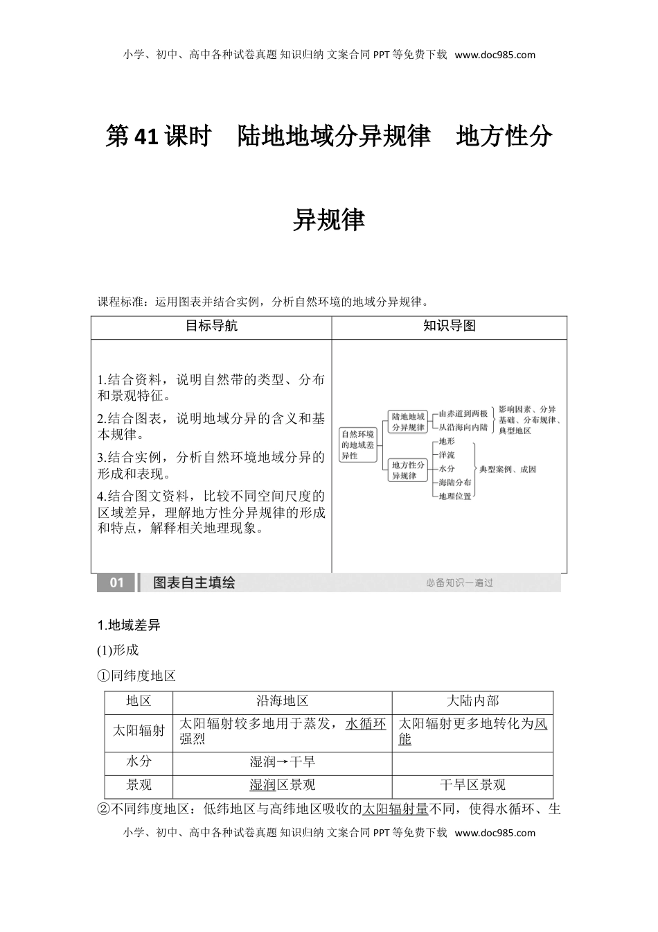 高考地理复习  2025届高中地理一轮复习讲义：第一部分自然地理第八单元自然环境的整体性与差异性第41课时　陆地地域分异规律　地方性分异规律（教师版）.doc