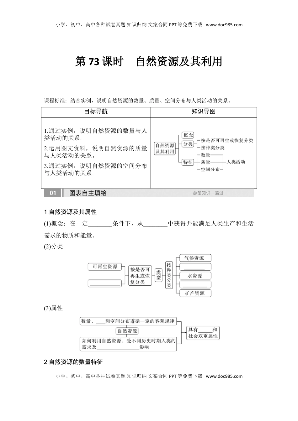 高考地理复习  2025届高中地理一轮复习讲义：第四部分资源、环境与国家安全第十八单元自然资源与人类社会第73课时　自然资源及其利用（学生版）.doc