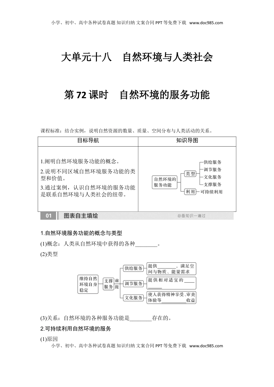 高考地理复习  2025届高中地理一轮复习讲义：第四部分资源、环境与国家安全第十八单元自然资源与人类社会第72课时　自然环境的服务功能（学生版）.doc