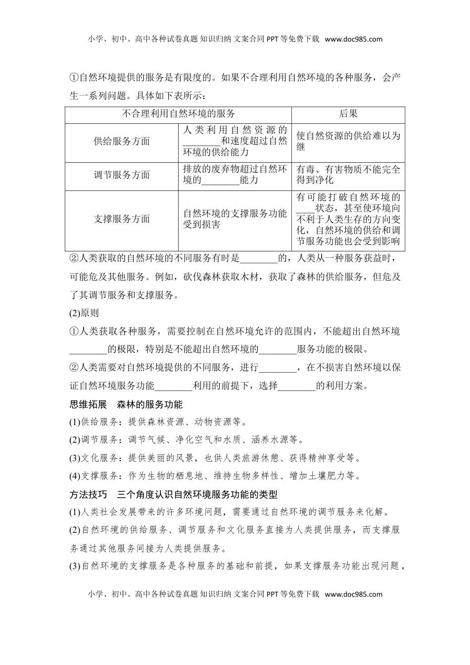 高考地理复习  2025届高中地理一轮复习讲义：第四部分资源、环境与国家安全第十八单元自然资源与人类社会第72课时　自然环境的服务功能（学生版）.doc