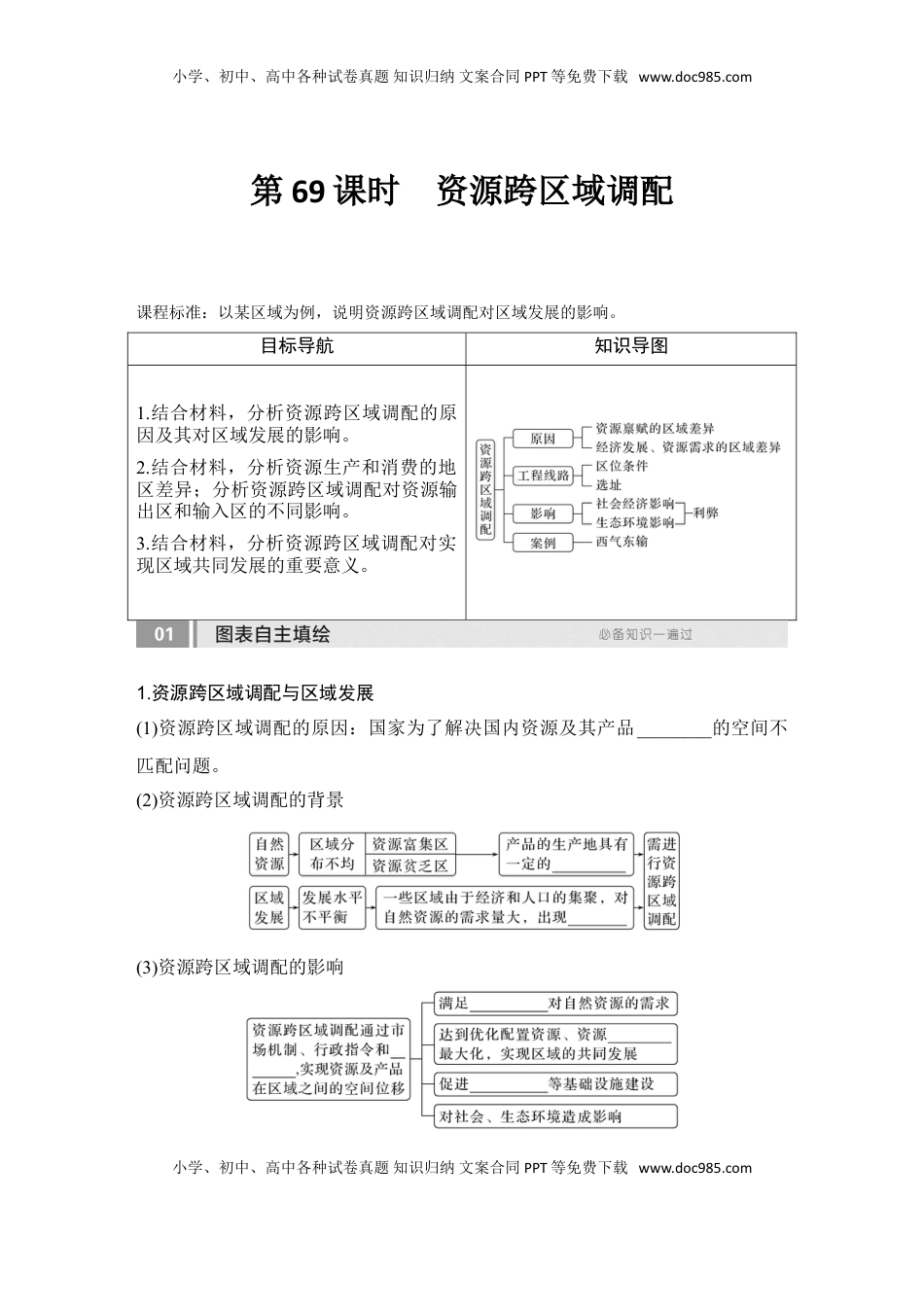 高考地理复习  2025届高中地理一轮复习讲义：第三部分区域发展第十七单元区际联系与区域协调发展第69课时　资源跨区域调配（学生版）.doc